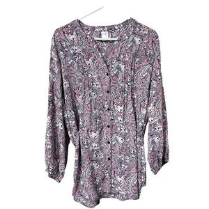 Terra & Sky Womens Plus Size 0X Paisley Tie Back Button Front Blouse 3/4 Sleeve